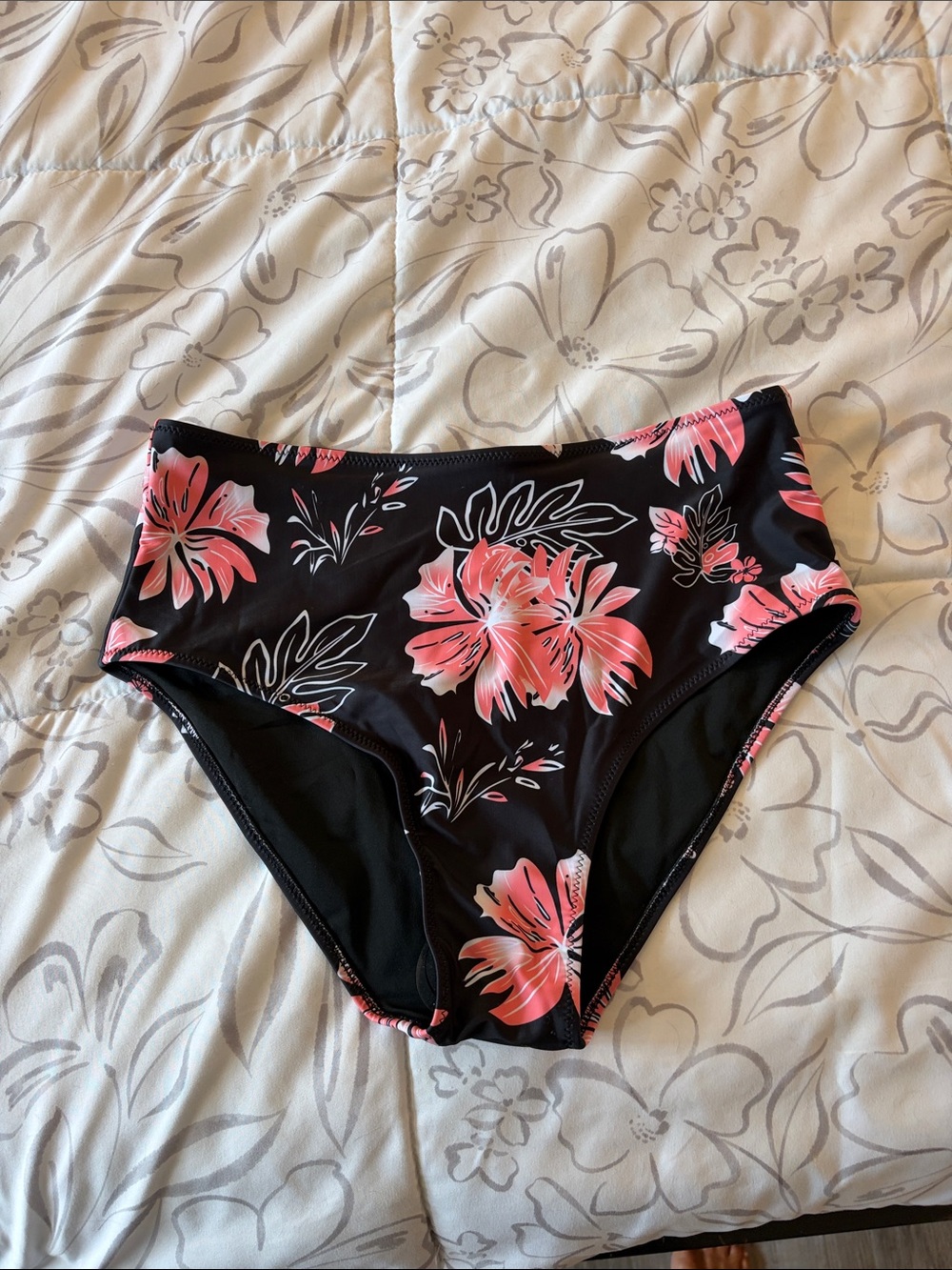 NEVER WORN - new High Waist Floral Bikini Bottoms - Black with Pink Flowers